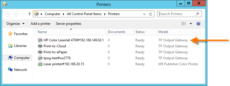 TP Output Gateway driver in the server’s printers folder
