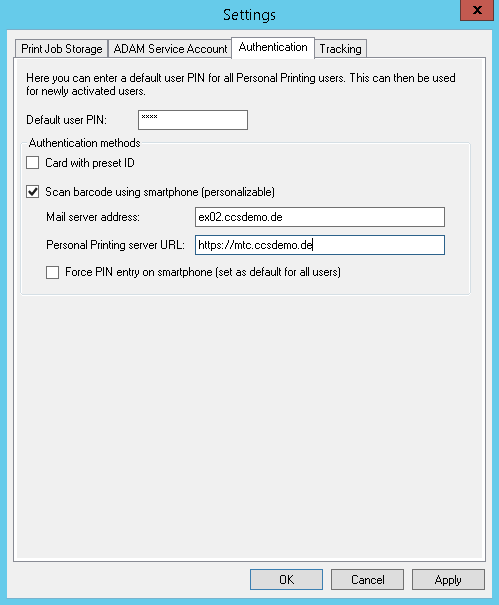 Authentication settings for Personal Printing