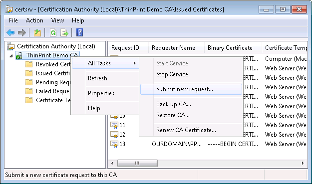 CA: managing the certificate request