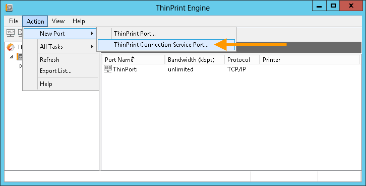 Creating a new ThinPrint port for the Connection Service