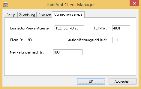 IP-Adresse des Servers angeben, auf dem der Connection Service läuft, und Client-ID wählen