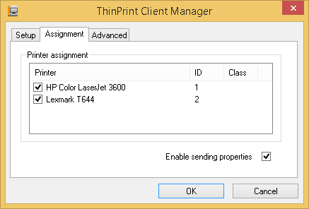 ThinPrint Client Manager: printer IDs 1 and 2