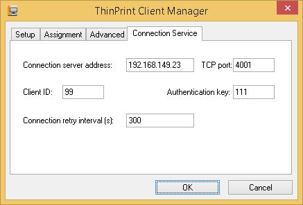 Entering the IP address of the server where Connection Service is running, plus a client ID 