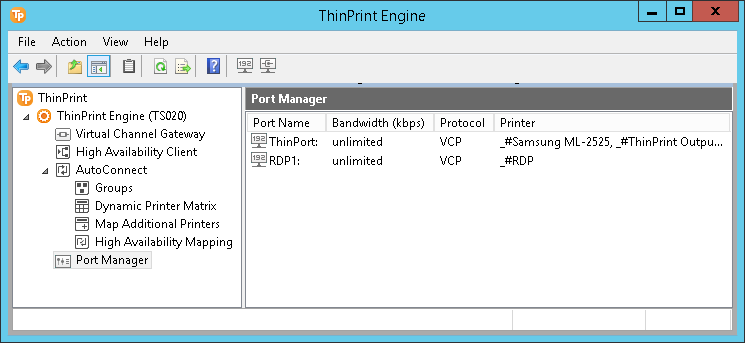The new templates (right column) assigned to the ThinPrint Ports (left col­umn)