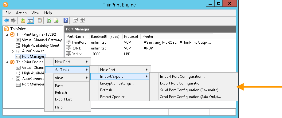 Exporting, importing, or sending all ThinPrint Ports