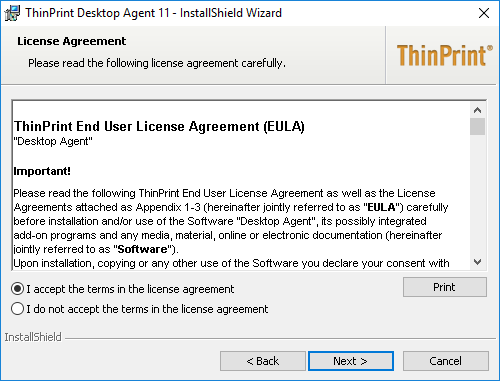 Desktop Agent installer: license agreement