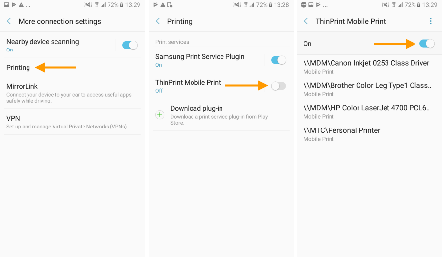 Enable print option in the device settings of an Android device (Android version 6.0)