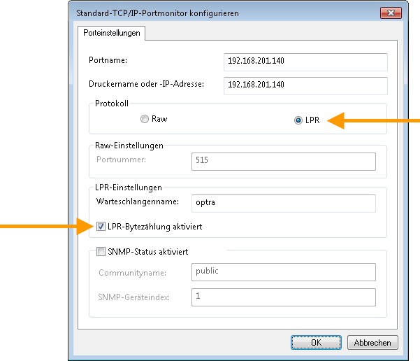 Standard-TCP/IP-Port: IP-Adresse des Host Integration Services angeben, LPR wählen und LPR-Bytezählung aktivieren