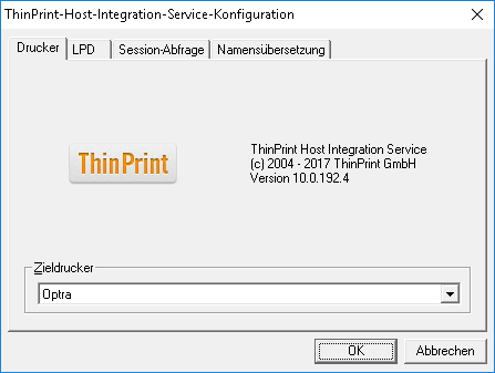 Host-Integration-Service-Konfigurationsmenü: ZIELDRUCKER wählen (Beispiel)