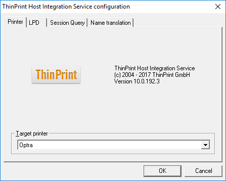 Host Integration Service configuration panel: Select a TARGET printer (example)