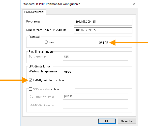 Standard-TCP/IP-Port auf Host-Server unter Windows: IP-Adresse des Host Integration Services angeben, LPR wählen und LPR-Bytezählung aktivieren