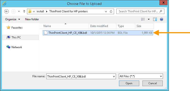 Selecting and uploading ThinPrint Client file
