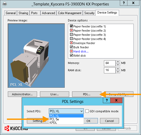 Selecting a printer driver language with a Kyocera driver (example)