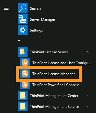 Start menu entry of ThinPrint License Manager