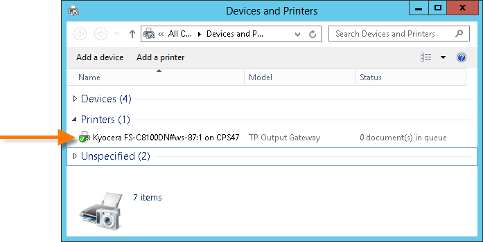 Connection to an Output Gateway share on the central print server (example)