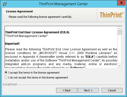Management Center installer: license agreement