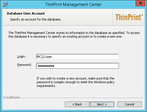 Management-Center-Installer: einen Namen inkl. Passwort für den Daten­banknutzer vergeben
