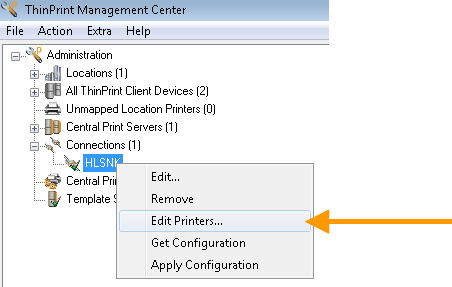 Opening the Edit Printers menu of a Connection