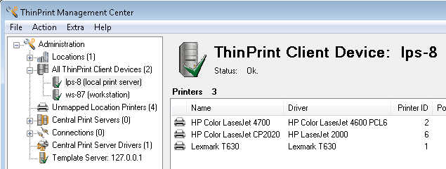 Management Center: local print server’s printer list