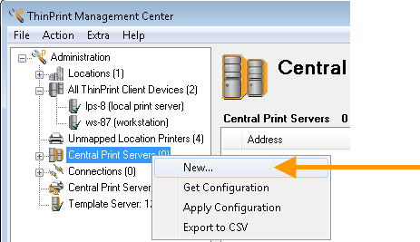 Management Center: adding a central print server (= target server)