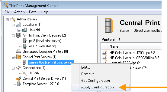 Management Center: applying the printers to the central print server (= creating the printer objects)