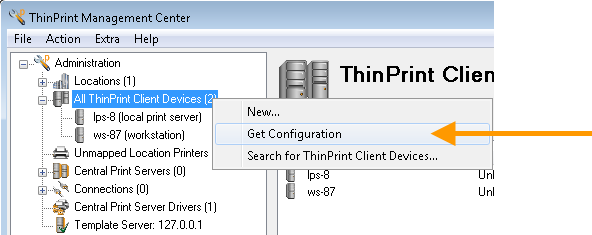 Management Center: retrieving the printer lists from ThinPrint Clients