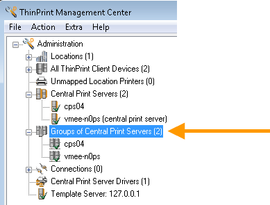Groups of central print servers shown