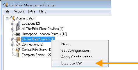Central Print Servers→ Export to CSV wählen