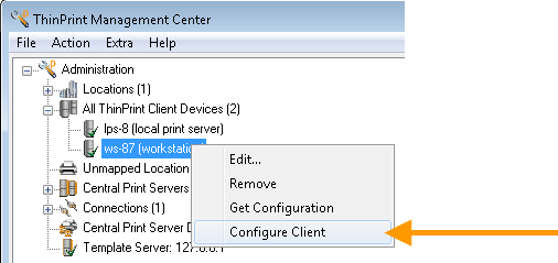 Management Center: Select Configure Client 