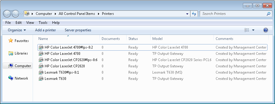 Result: Three V-Layer printer pairs have been applied to the central print server (here: one Lexmark and two HPs)