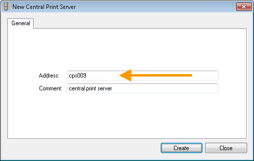 Entering host name or IP address of the central print server 