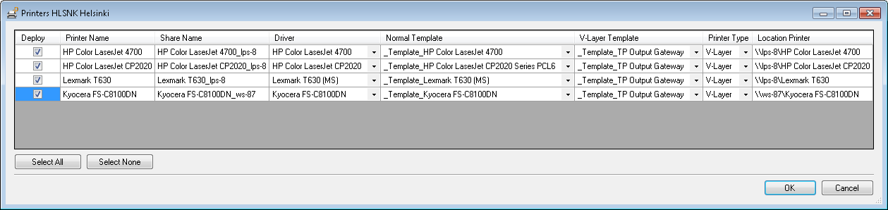 Select All and V-Layer (Printer Type) and the native drivers (Normal Tem­plate) and Output Gateway templates (V-Layer Template)