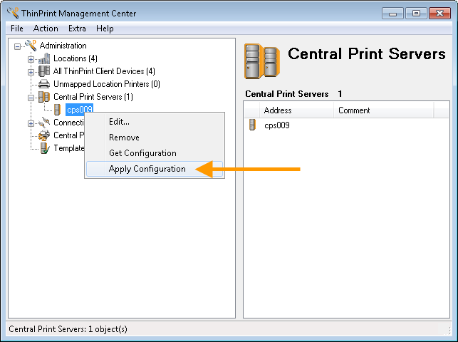 Selecting Apply Configuration for the central print server 