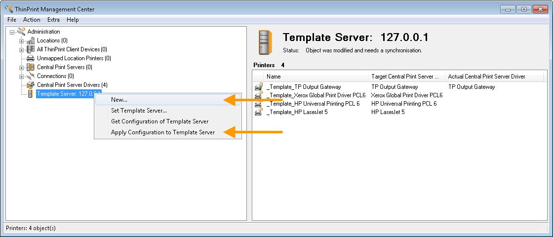 Template Server node’s context menu