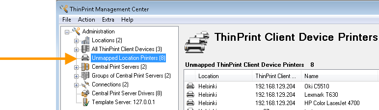 Von ThinPrint Clients eingelesene, aber nicht auf den zentralen Druckservern angelegte Drucker
