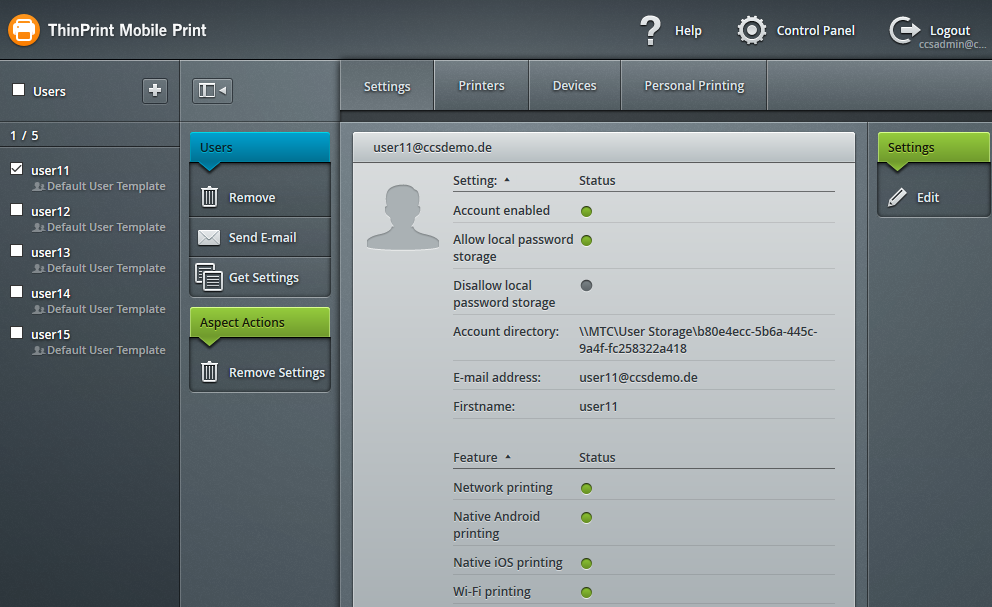 Management Console: User management (example)