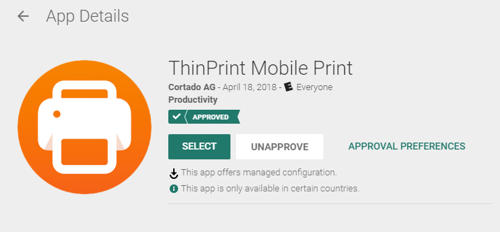 Appove Mobile Print app in the Google Business Play Store