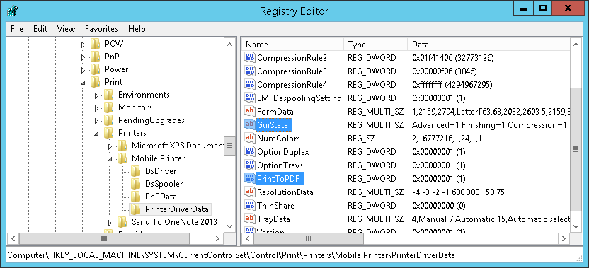 GuiState and PrintToPDF in the Windows registry of Mobile Printer