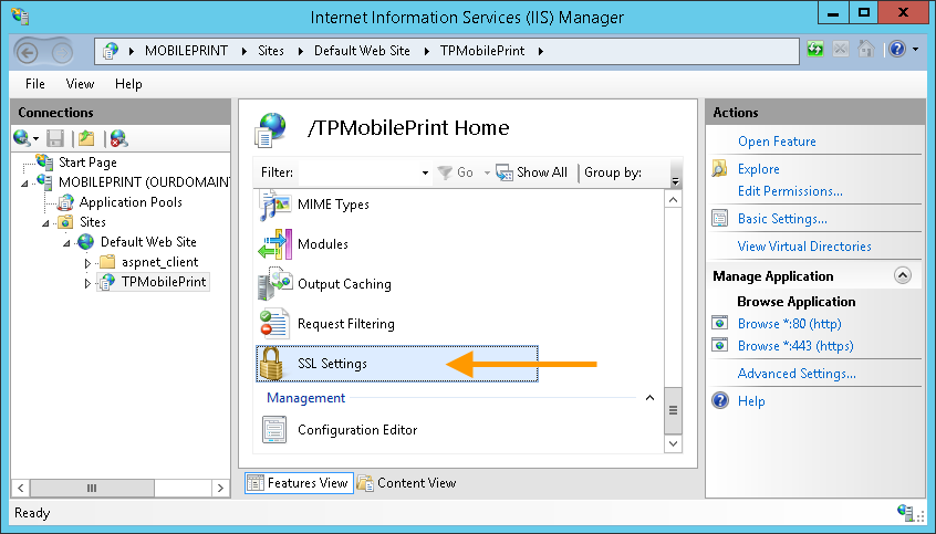 IIS Manager: select SSL Settings in TPMobilePrint