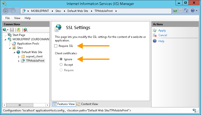 SSL-Einstellungen: Require SSL deaktivieren und Client-Zertifikate ignorieren