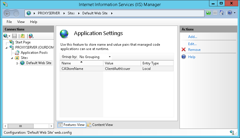 The certificate store name added to the IIS Manager