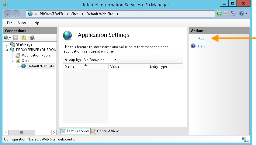 IIS Manager: Application Settings for Default Web Site