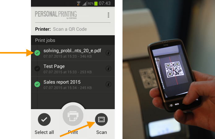 Left: Android interface – scanning QR code or holding over NFC tag, Right: scanning QR code