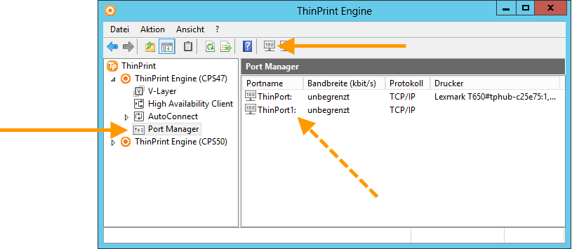 ThinPrint Port(s) in der Konfigurationskonsole (= Port Manager)