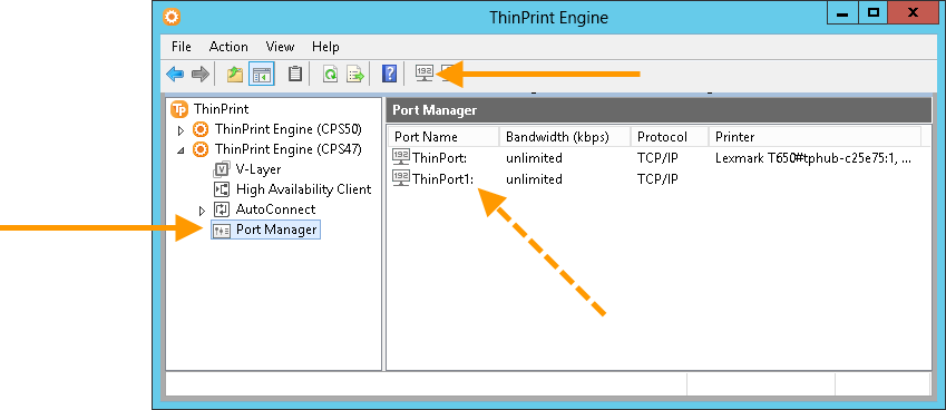 ThinPrint Port(s) in the configuration console (= Port Manager)
