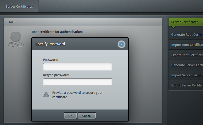 Specifying the password for the certificate export