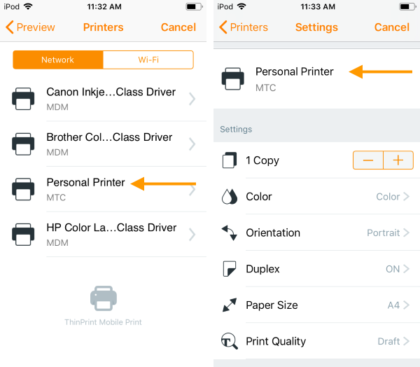 Personal Printer in the Mobile Print app (example iOS)