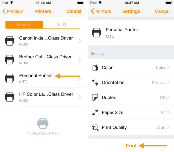Personal Printer in der Mobile-Print-App wählen und drucken