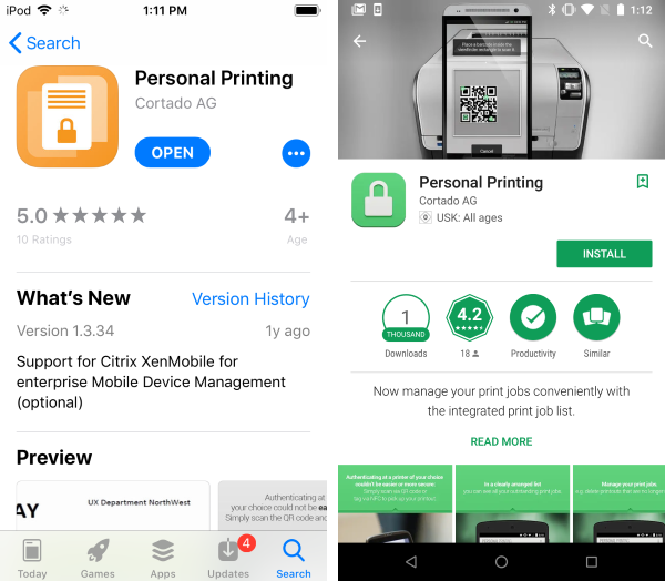 Personal Printing app in the Apple App Store (left) and in the Google Play Store (right)