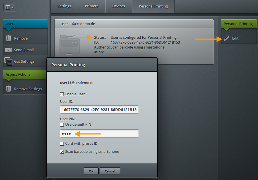 Personal Printing settings in the Management console